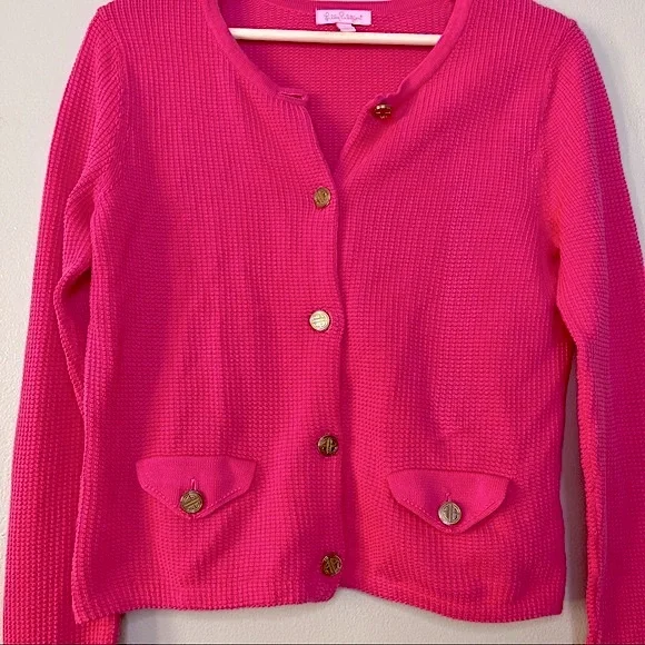 Y2K Lily Pulitzer Long Sleeve Pink Cardigan Waffle Knit Sweater Size Small - Picture 2 of 9